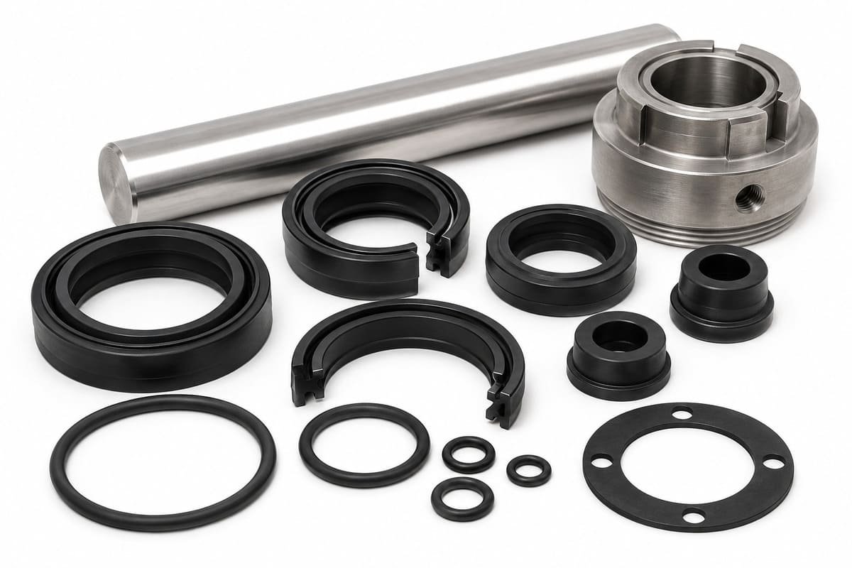 Hydraulic seals and wiper rings displayed with a machined shaft and gland components for heavy equipment hydraulic systems.