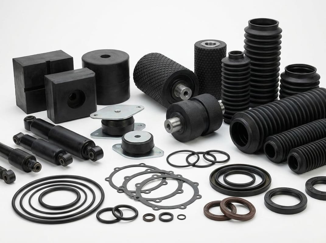 Industrial machinery rubber components, including bellows, rollers, mounts, O-rings, gaskets and molded vibration parts.