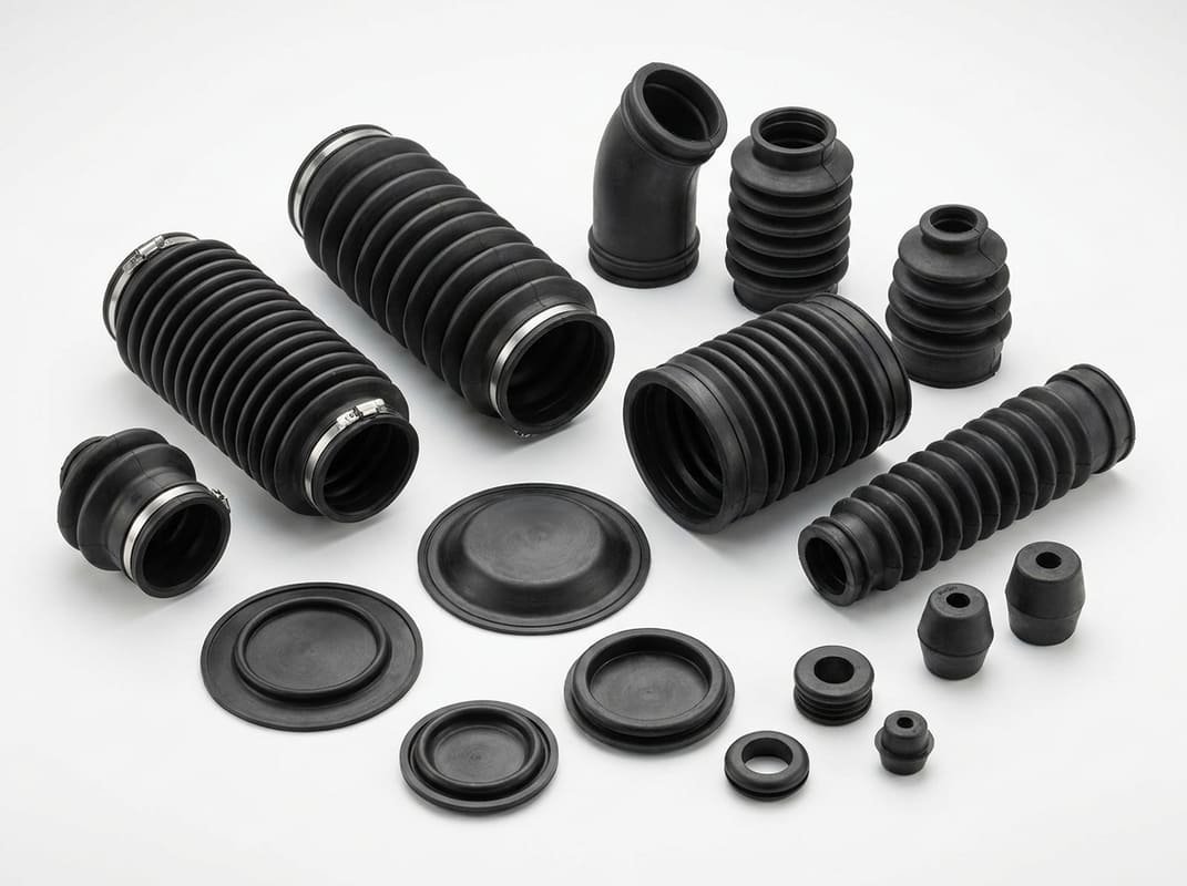 PMachinery rubber bellows and covers, featuring multiple convoluted boots, round diaphragms and small molded protective parts.