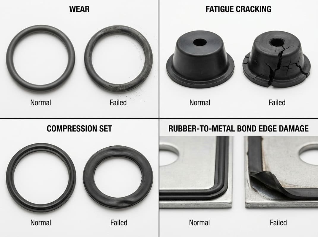 Machinery rubber failure modes, comparing normal and failed parts affected by wear, fatigue cracking, compression set and bond damage.