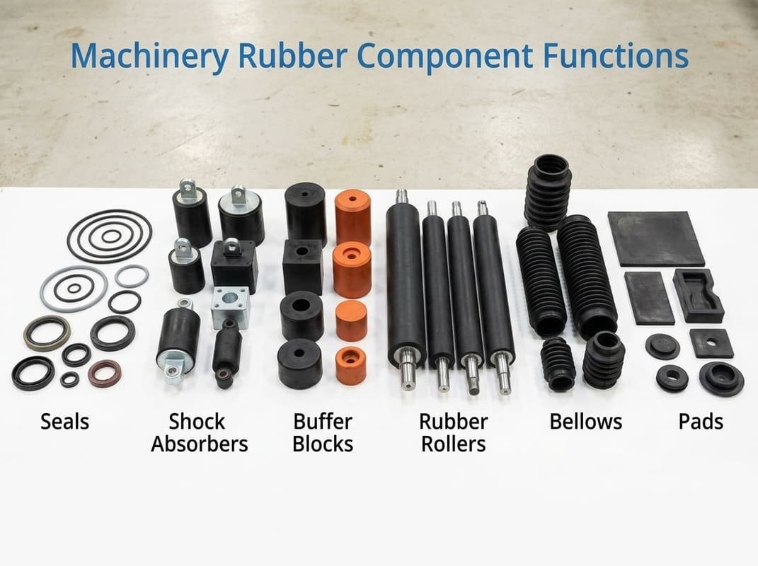 Machinery rubber components grouped by function, showing seals, shock absorbers, buffer blocks, rubber rollers, bellows and pads.