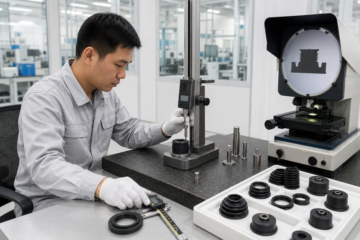 Machinery rubber component inspection, with a technician measuring molded bellows, seals and rubber-to-metal parts in a lab.