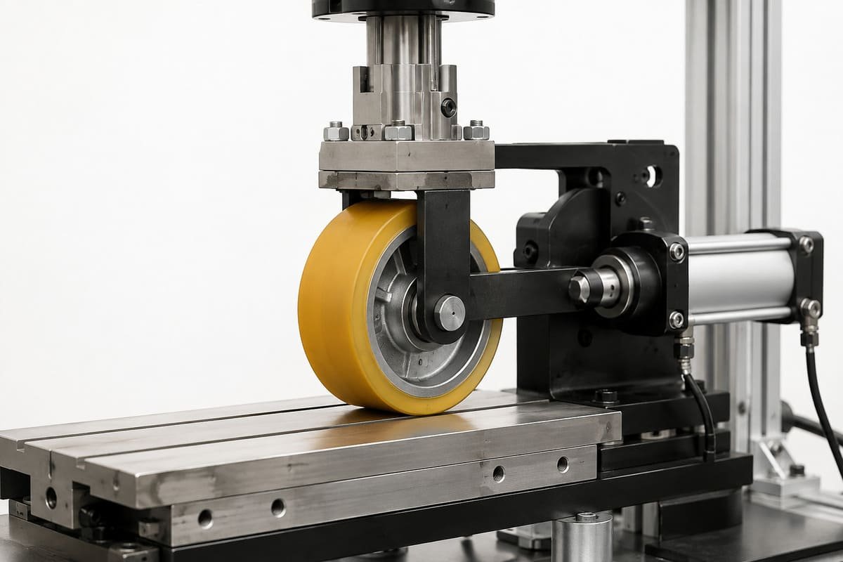 Polyurethane wheel testing, yellow PU wheel running against a metal test surface on industrial abrasion testing equipment.