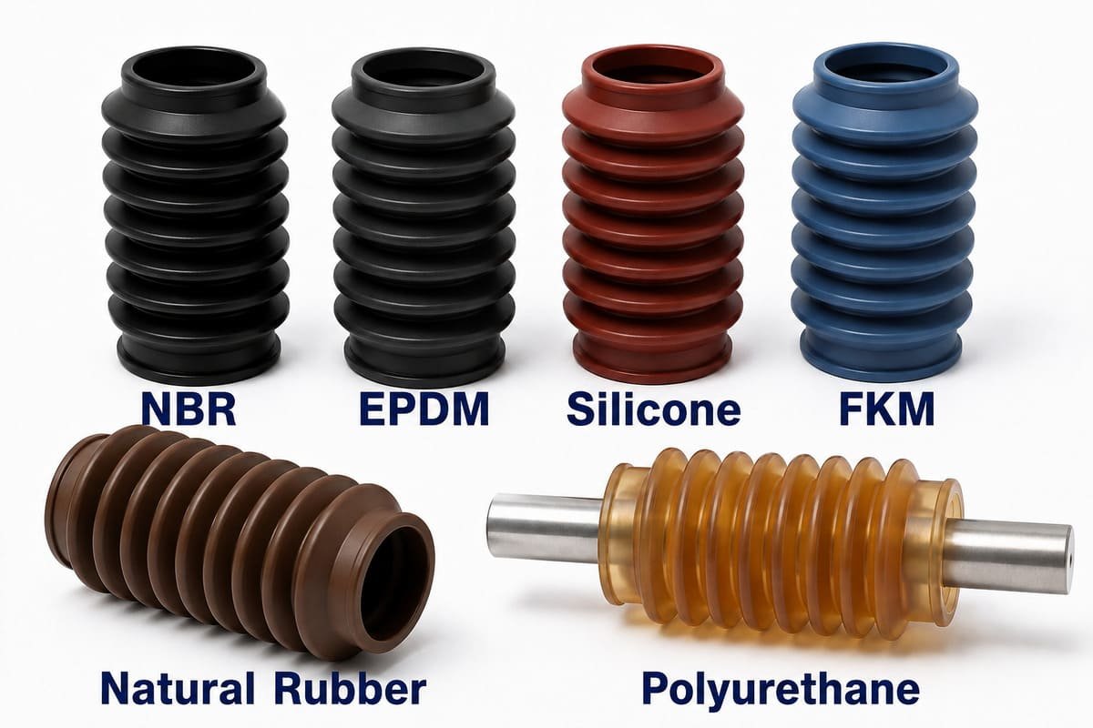 Rubber bellows material options, showing NBR, EPDM, silicone, FKM, natural rubber and polyurethane molded bellows.