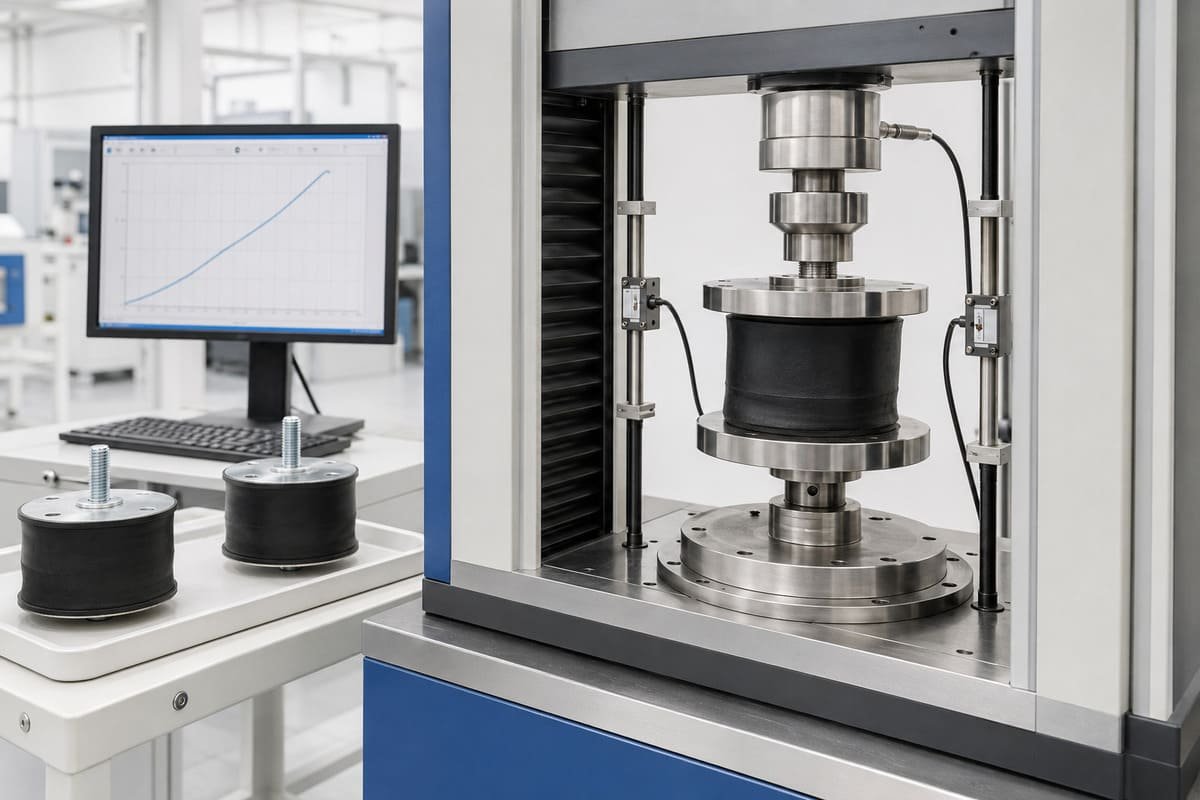 Rubber vibration mount testing, showing an industrial compression test machine evaluating a bonded rubber-to-metal component.