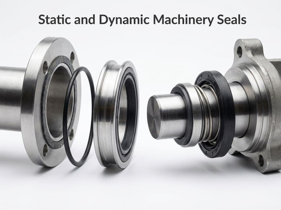 Machinery seals for static and dynamic applications, showing O-rings and rotary shaft sealing components with metal housings.