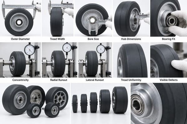 Industrial rubber wheel inspection checking diameter, tread width, bore size, bearing fit, runout and visible defects.