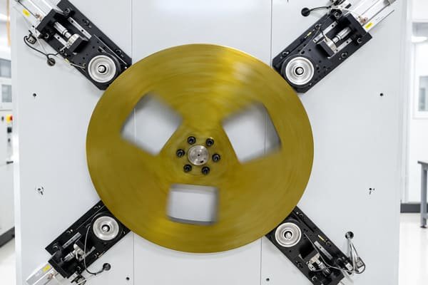 Industrial rubber wheel durability testing on a rotating laboratory rig with four contact rollers applying controlled loads.
