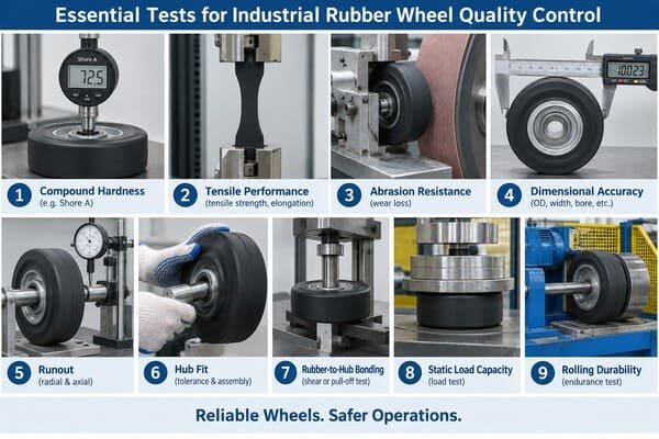 Industrial rubber wheel testing showing hardness, abrasion, dimensions, runout, bonding, load and rolling durability checks.