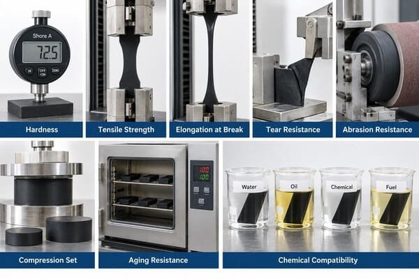 Rubber compound testing showing hardness, tensile strength, abrasion, compression set, aging and chemical resistance.